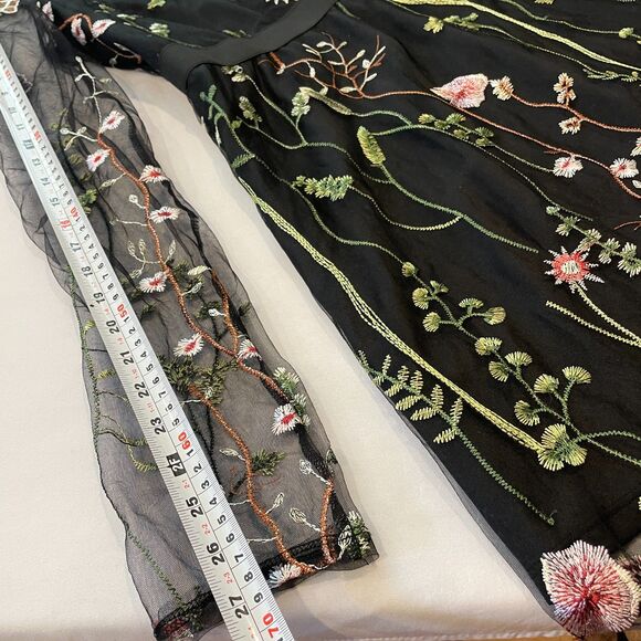 ~ Lg Floral Boho Sheer Dress Botanical Black Flowers Long Sleeve Bohemian Knee - Picture 7 of 14